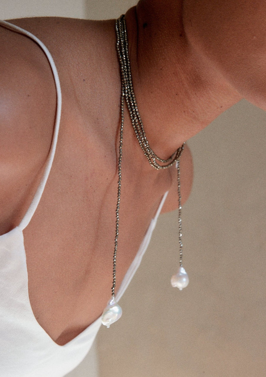 pyrite wrap necklace with baroque pearls - alyssa