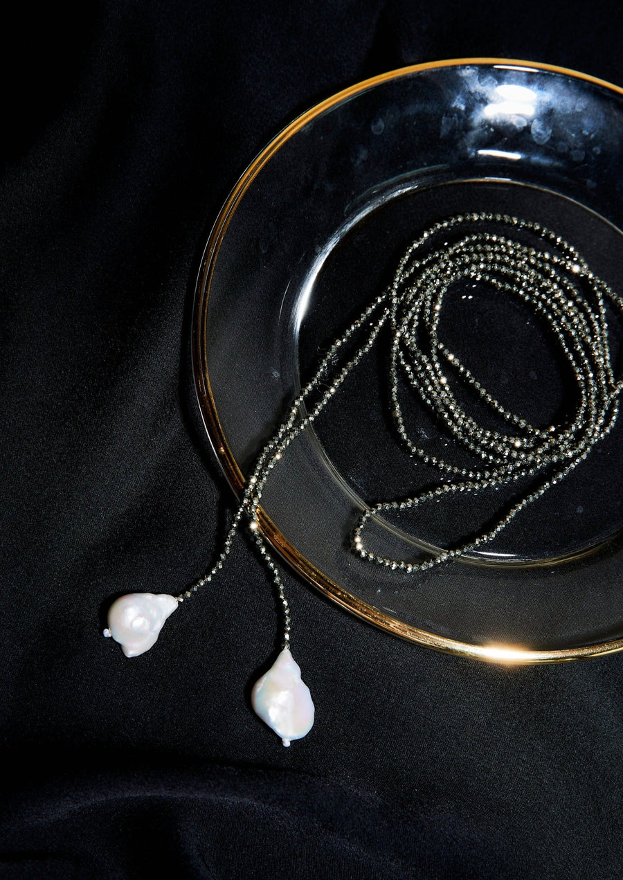 Pyrite wrap necklace with baroque pearls - alyssa