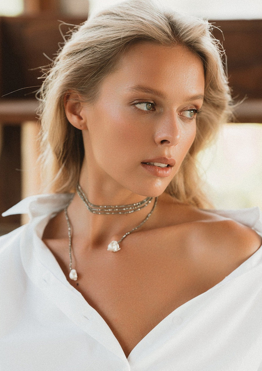 Pyrite wrap necklace with baroque pearls - Alyssa